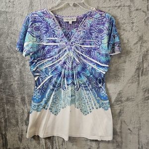 Closet Full Women's Top sz small blue white vneck short sleeve